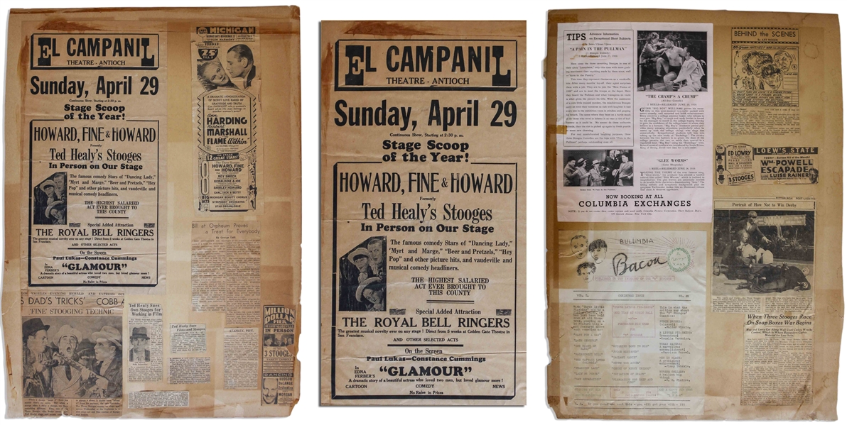 Howard, Fine & Howard Poster From 1933/4, Glued to 18'' x 24'' Scrapbook Sheet With Moe's News Clippings From 1934-36, Including Clip of Ted Healy Suing the Stooges -- Toning & Chipping, Overall Good